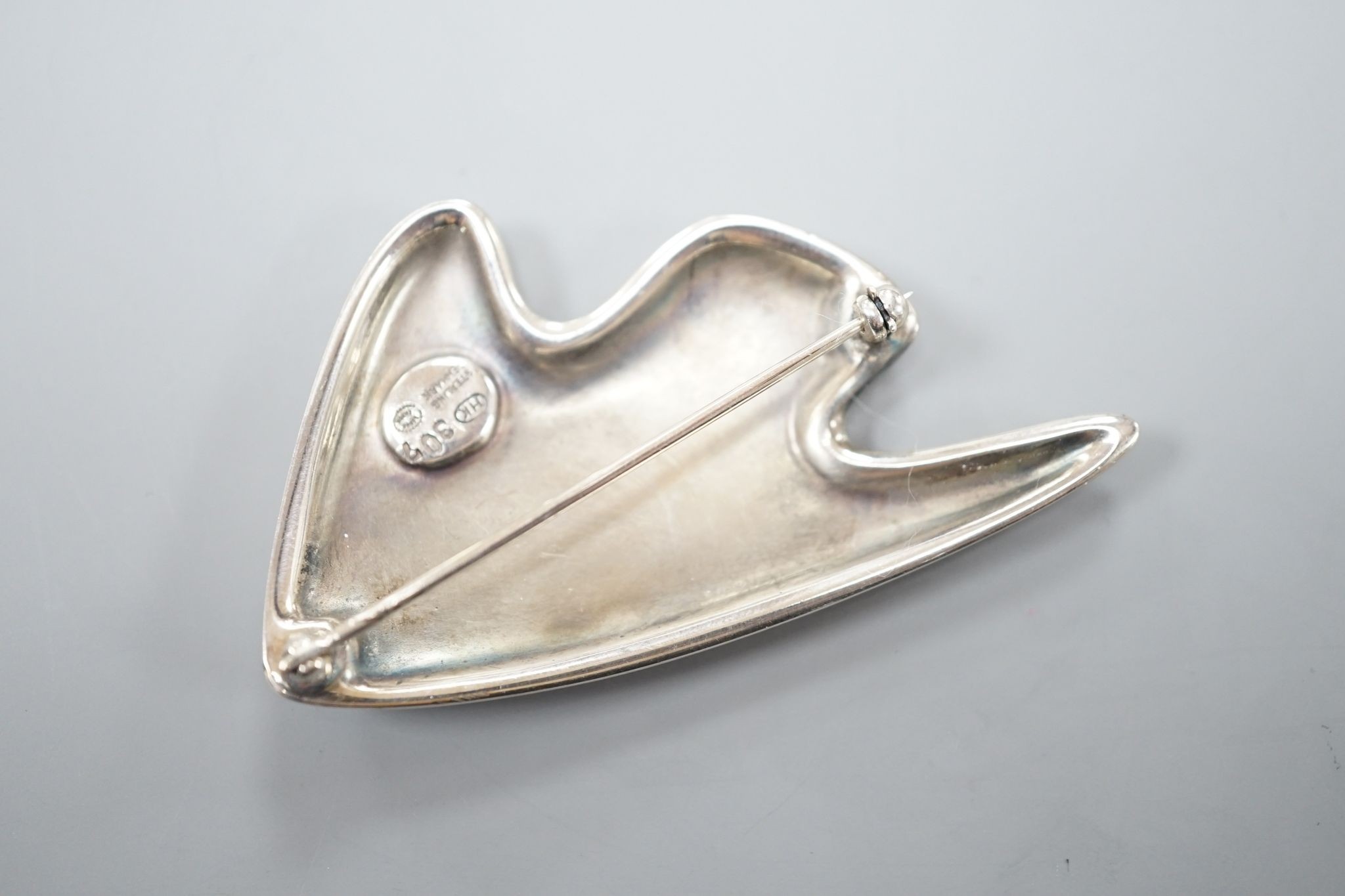 A Henning Koppel for Georg Jensen sterling and two colour blue enamel set stylised fish brooch, no. 307, 59mm.